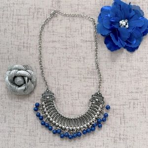 Silver Aztec Design Statement Piece Necklace with Blue Beads Length 10 inches